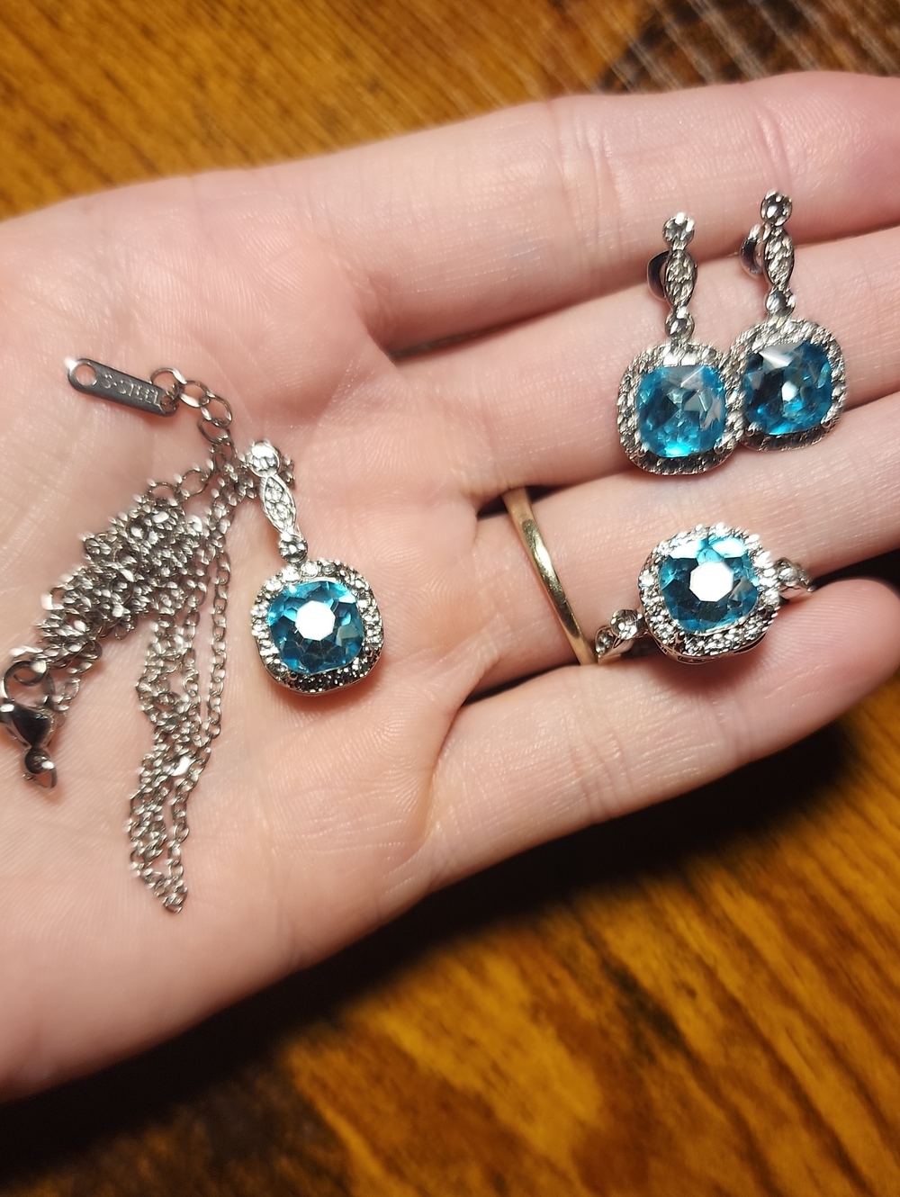 4pcs/Set Ocean Heart Shaped Blue Cubic Jewelry Set Necklace, Earrings, Ring,